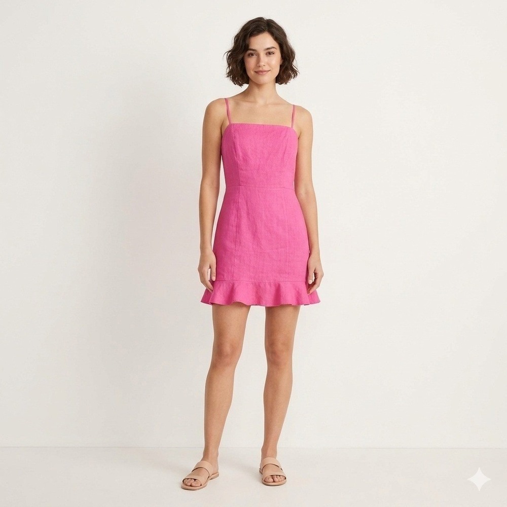 & Other Stories Hot Pink Linen Ruffle Mini Dress Smocked Back Size EUR 42 US 10 - Picture 2 of 6
